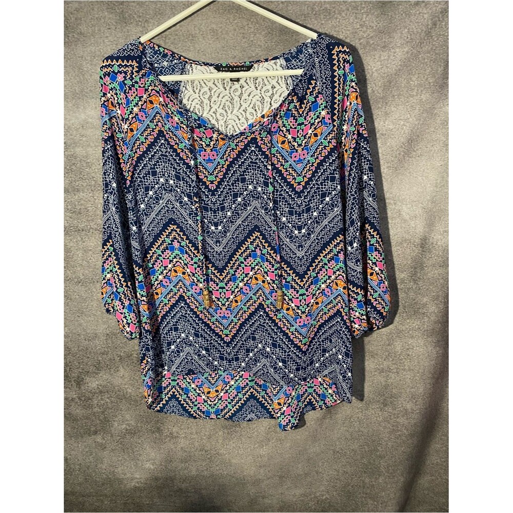 Zac & Rachel Blouse Medium Womens Blue White Geometric Geometric Lace Back Top